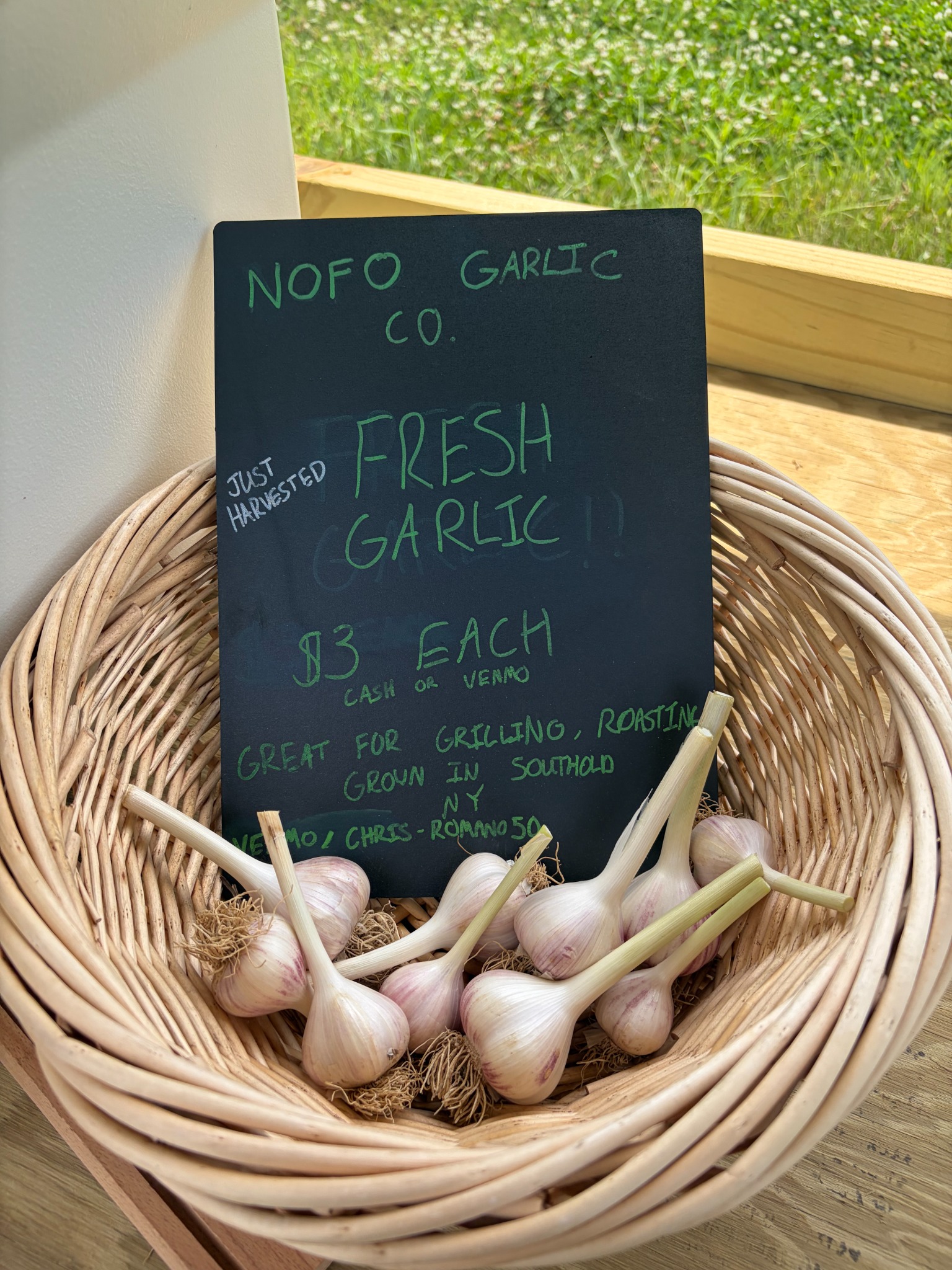 Fresh North Fork garlic in a farm basket